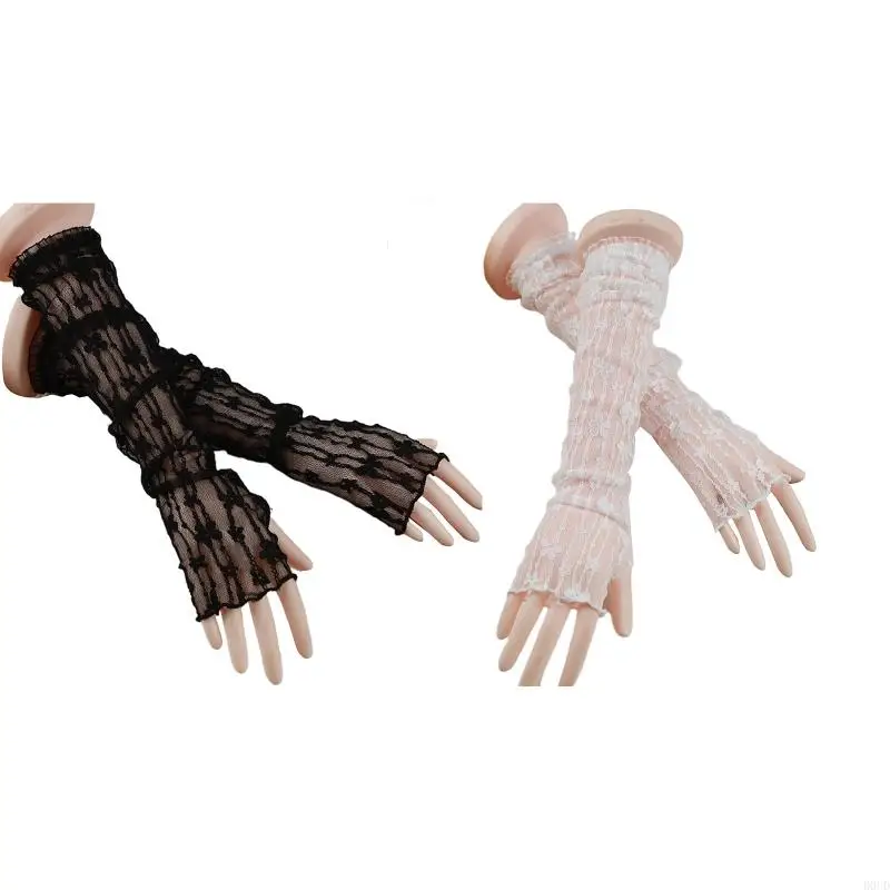 D0UD Women Lace Gloves Wedding Party Bride Mittens Sheer Mesh with for Butterfly Decor Half Finger Gloves Cosplay Costume