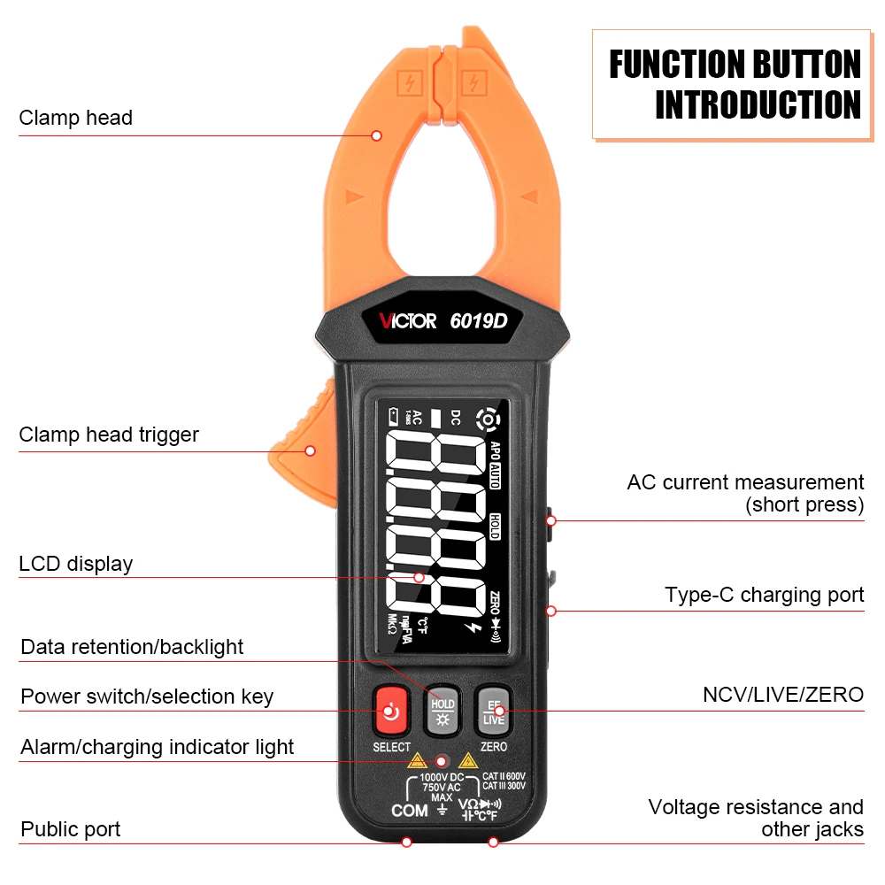 Victor 6019D Mini Digital Clamp Meter 6000 Counts NCV HIGH PRECISION Type-C charying Li- battery Reverse Display Screen Tester