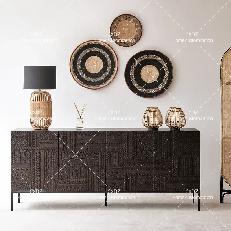 Nordic retro light luxury teak tower tile carved dining side cabinet medieval industrial style solid wood door cabinet