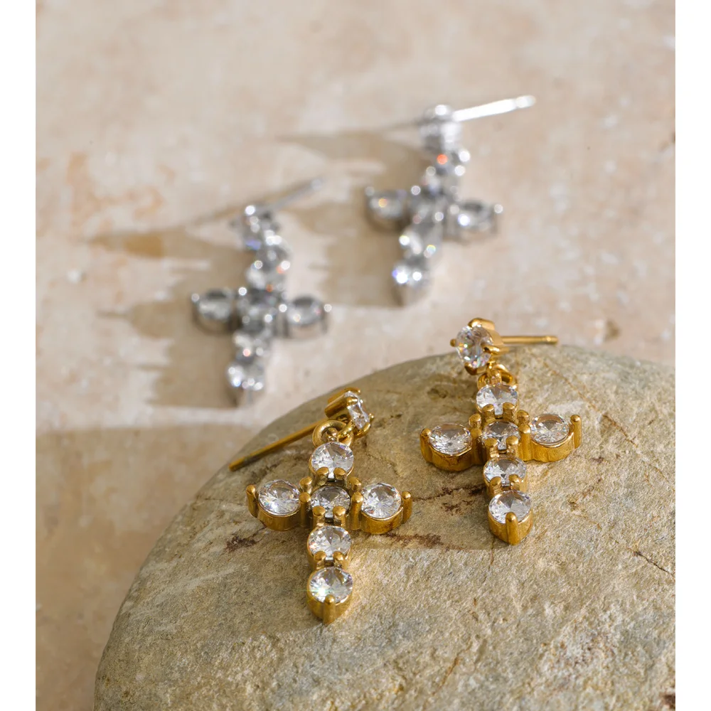 Yhpup 2026 Stainless Steel Cubic Zirconia Cross Drop Earrings High Quality Bling Stylish Classic Jewelry Gift