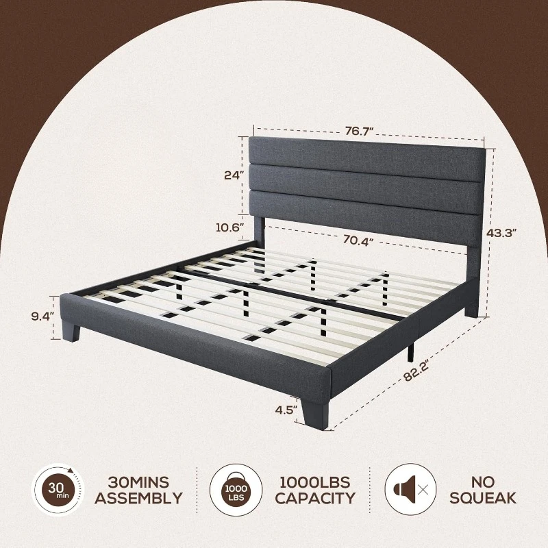 Bed Frame Platform Bed with Linen Fabric Upholstered Headboard and Wooden Slats Support Heavy Duty Mattress Foundation Dark Grey