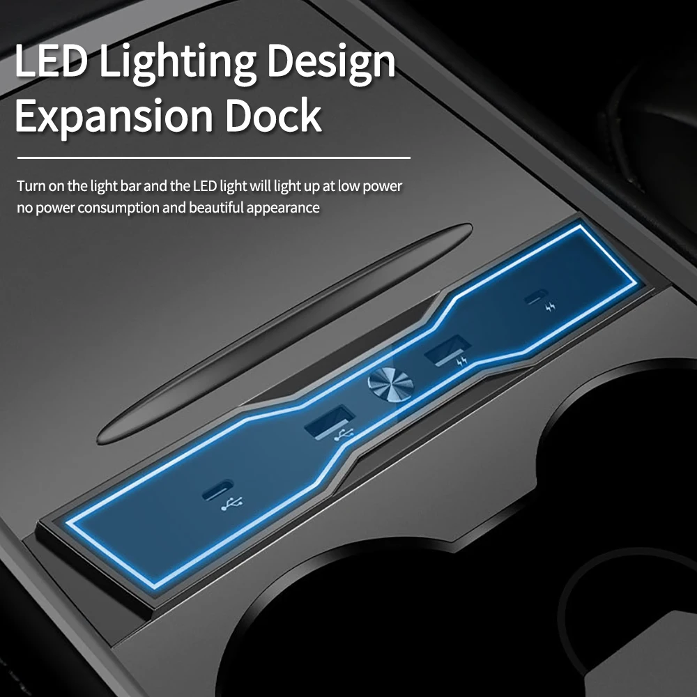 

27W Quick Charger USB Shunt Hub LED For Tesla Model 3 Y 2021 2022 Intelligent Docking Station Power Splitter Extension