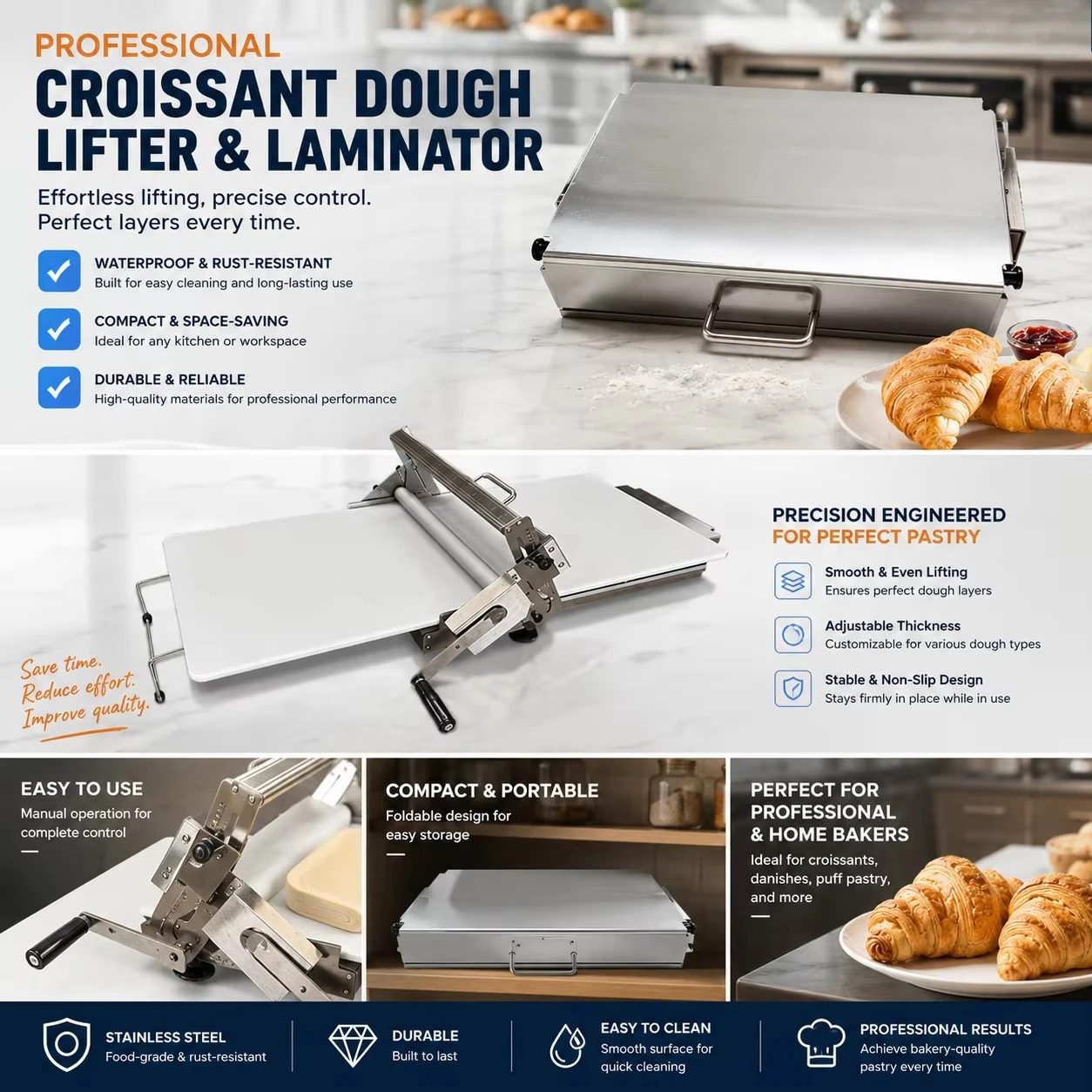 Desktop Hand Cranked Dough Sheeter, Manual Folding Puff Pastry Machine for Pizza Croissant Dough Rolling
