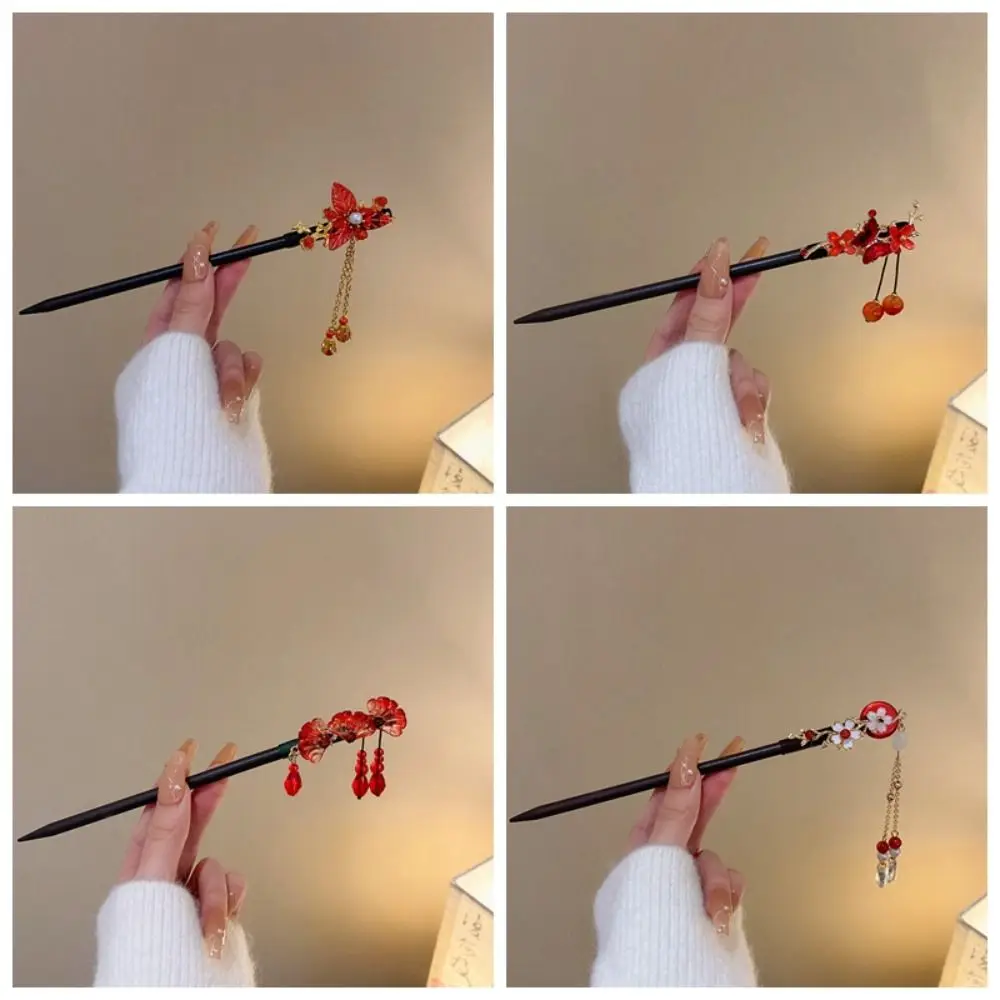 Vintage Retro Rood Haar Stok Mode Oude Stijl Rode Roos Fringe Haarspeld Multifunctionele Multifunctionele Chinese Haarspeld Hoofddeksels