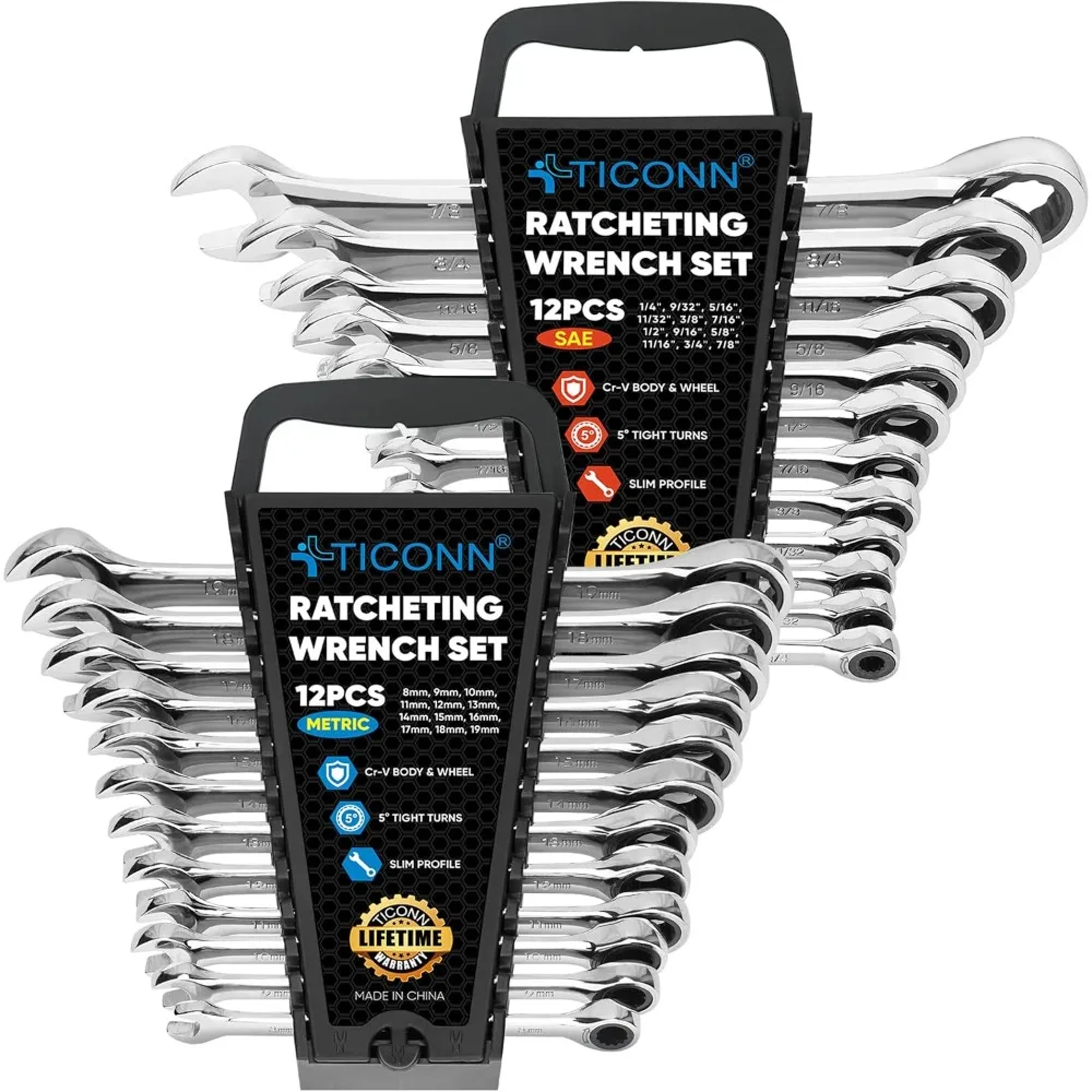 

24PCS Ratcheting Wrench Set with Organizer Rack, Professional Slim Profile Mechanic Cr-V Ratchet (12PCS Inch (SAE)