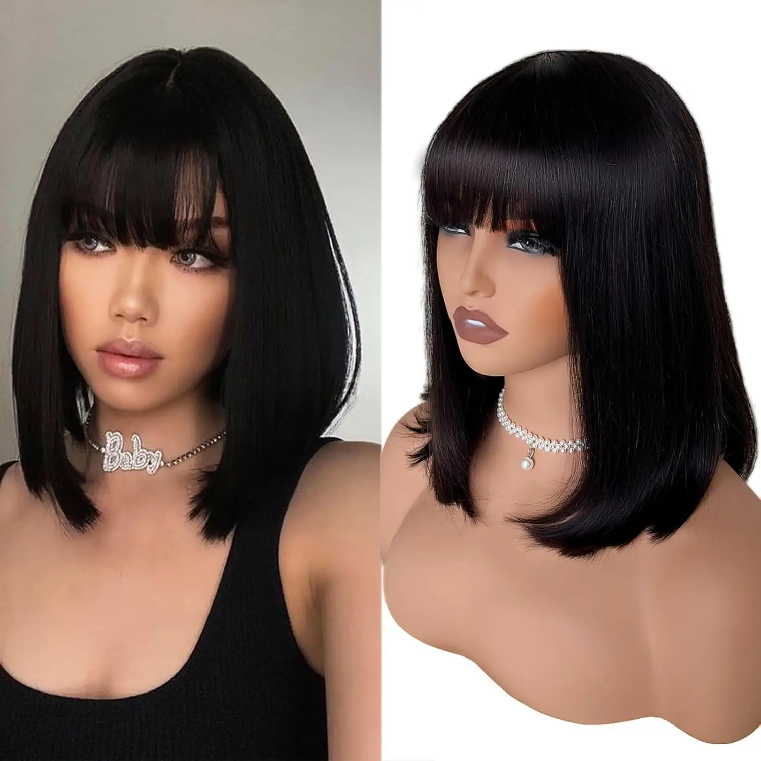 

250% Density Straight Bob Wig with Bangs Bob Wigs Human Hair Glueless Wear and Go 2x1 HD Transparent Lace Bob Wigs For Women