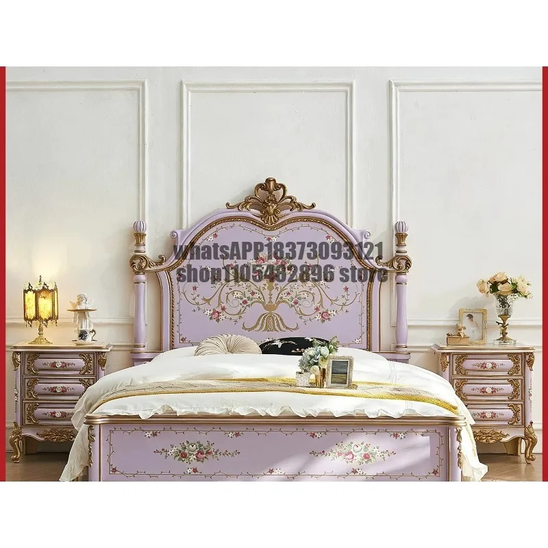 Solid wood hand-painted gold-painted retro taro purple French light luxury high-end 1.5m princess bed master bedroom double bed