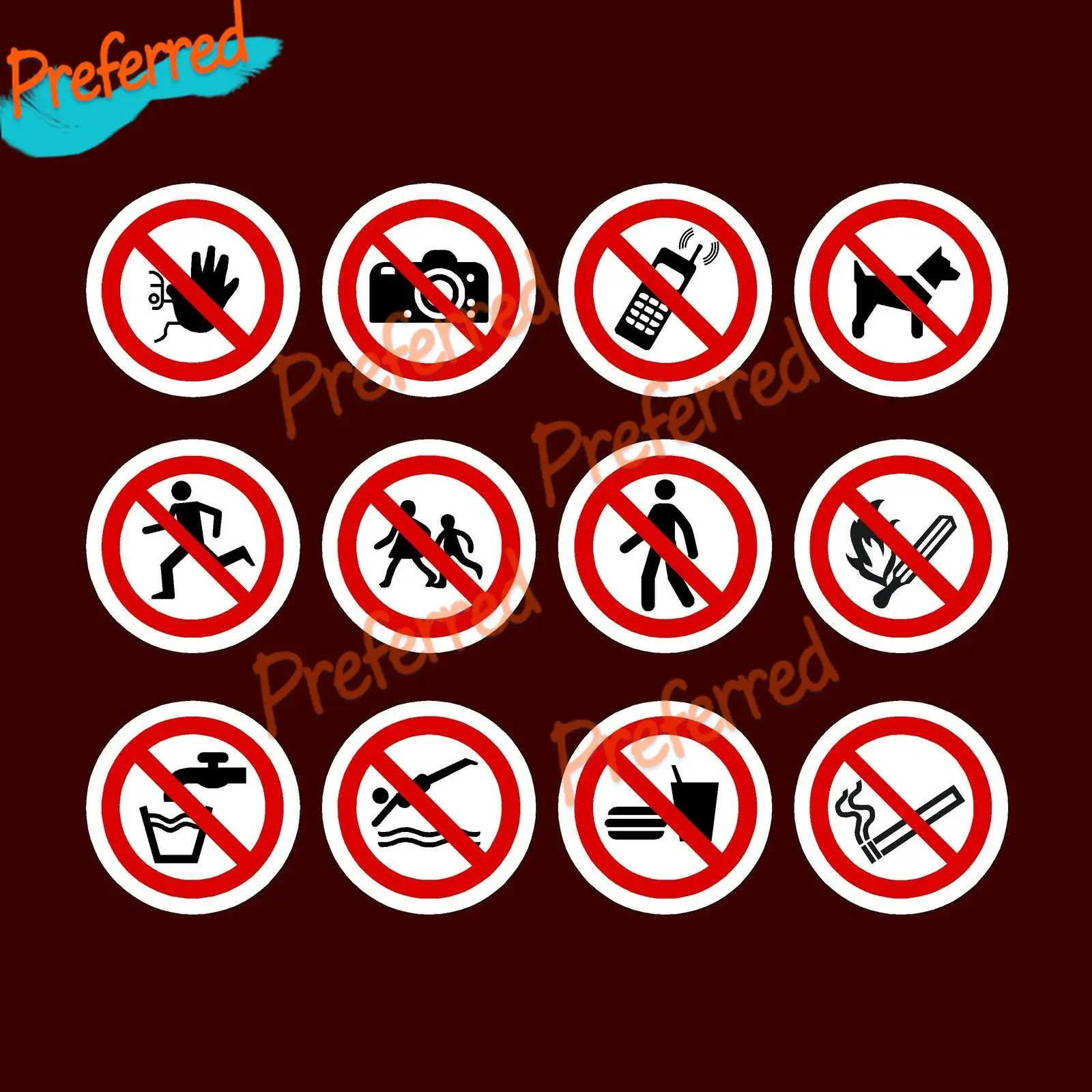 Prohibit Access / Pedestrians / Food / Smoking / Circular Warning Sign Stickers Vinyl Decal  Die-Cut Reflective Waterproof PVC