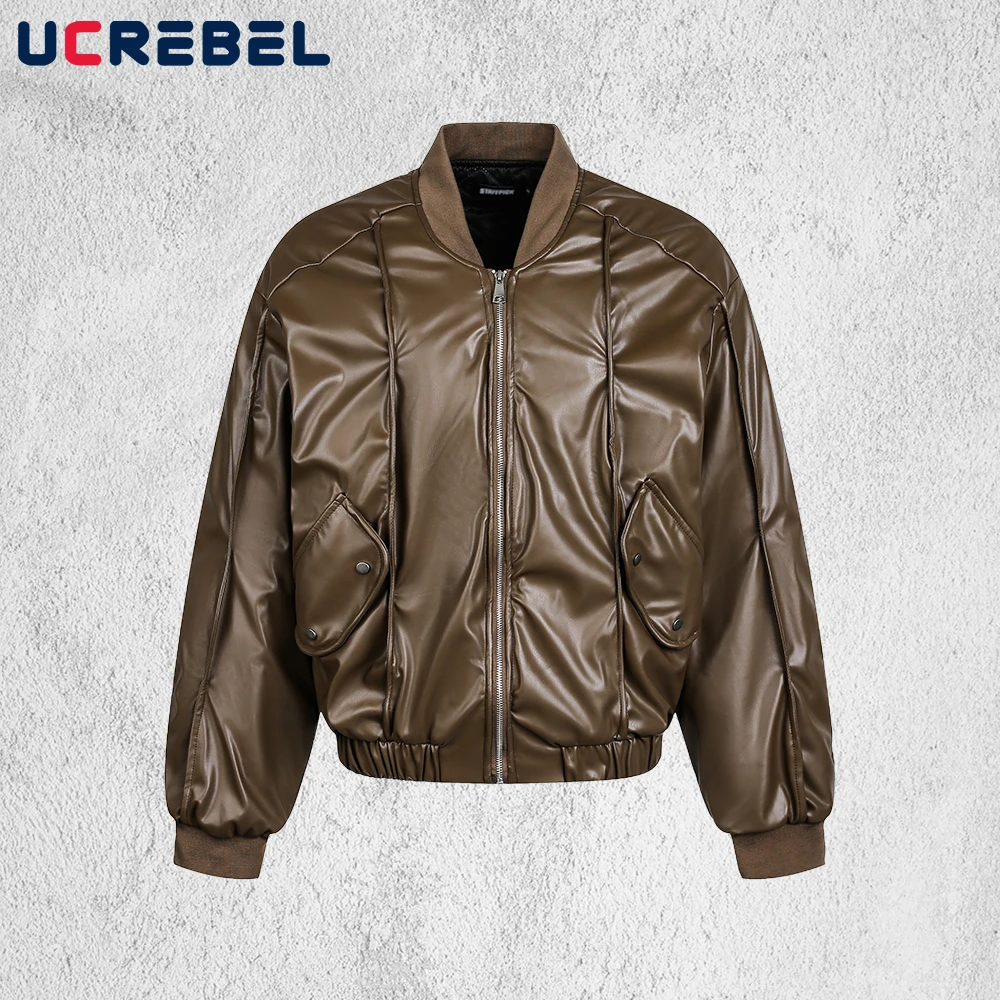 

Spliced PU Leather Quilted Jacket Mens Solid Color Winter Stand Collar Long Sleeve Thick Motorcycle Jacket Man Outerwear