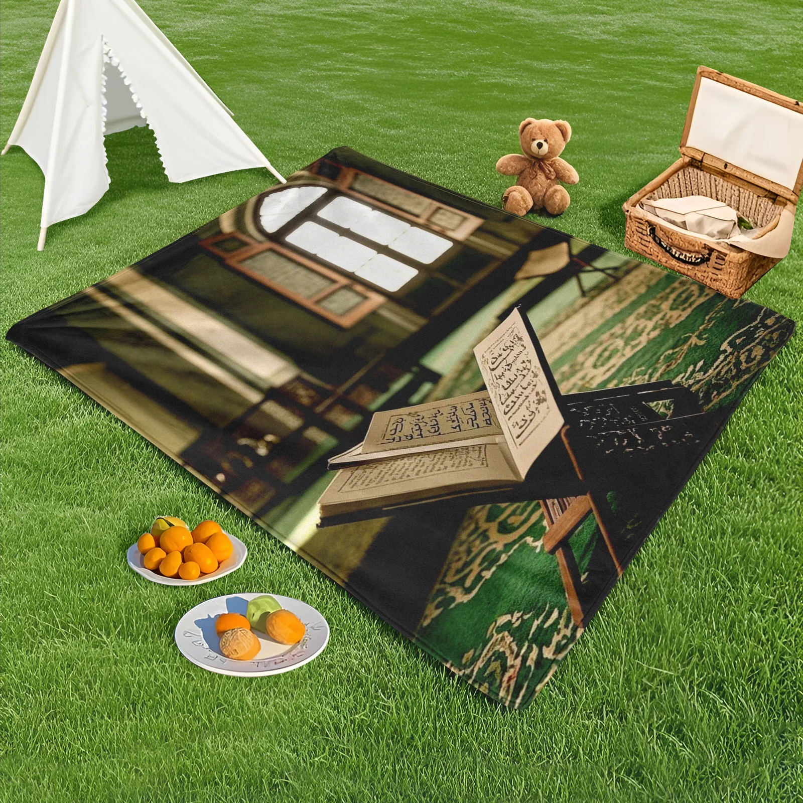 Quran Mosque Interior Prayer Rug And Windows Outdoor Blanket For Camping Hiking And Cultural