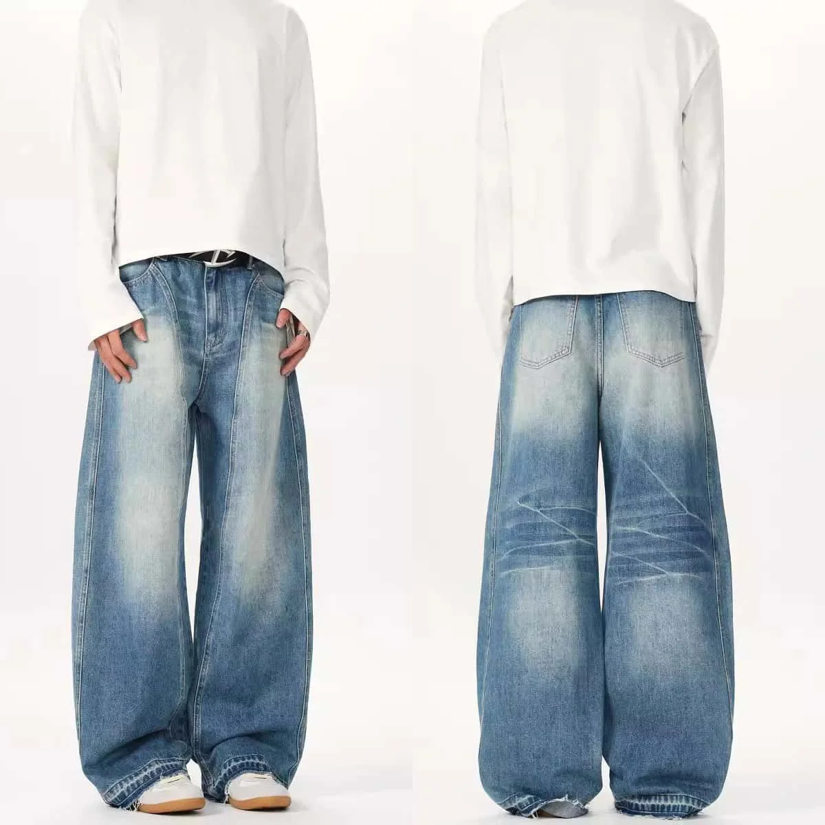 

2025 мужские винтажные потертые джинсы, повседневные брюки в стиле бананов с краями ножа, мужские модные брендовые новые поступления с эффектом усов