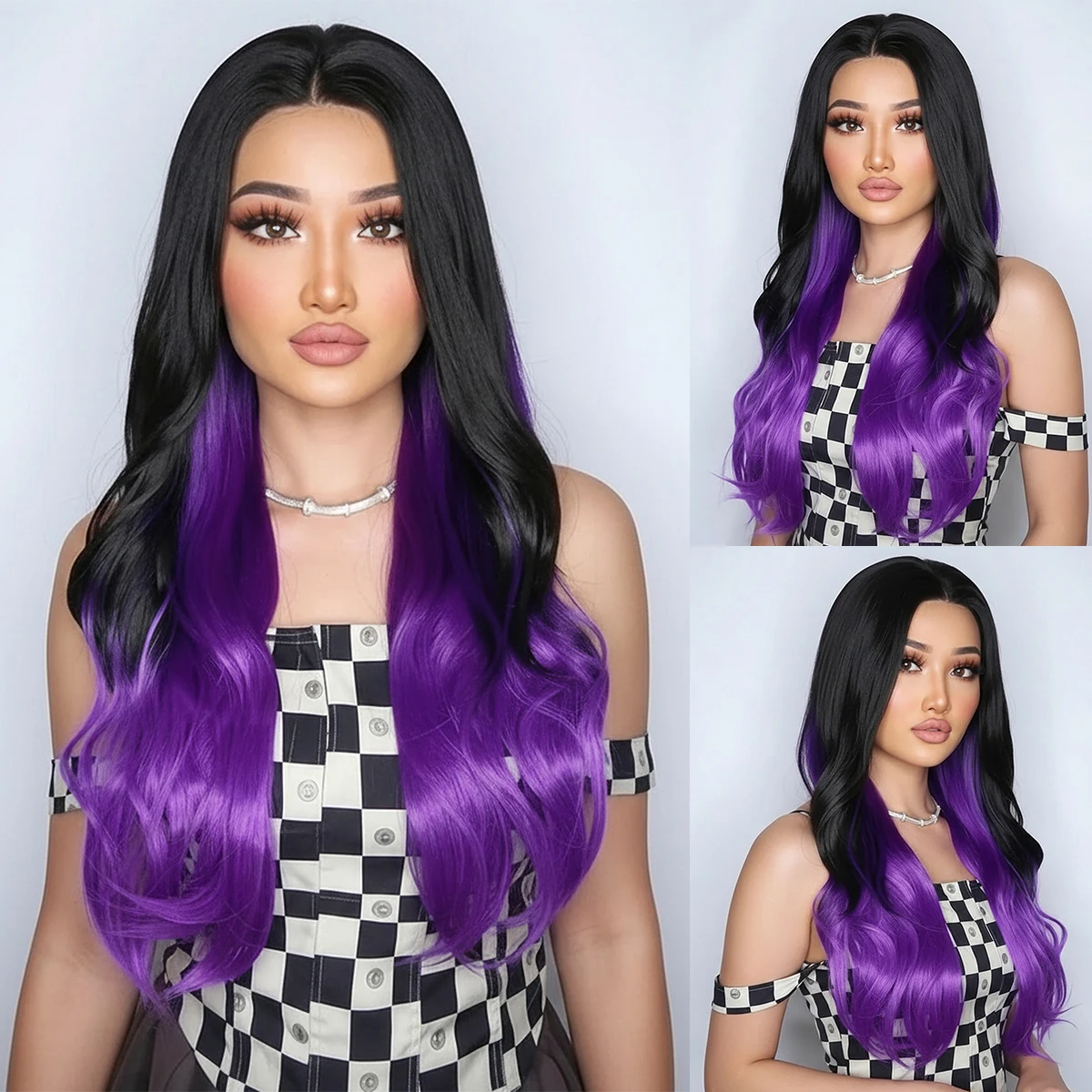 

European and American black purple gradient fashion wig, long curly hair, big wave headband, center split-Synthetic fiber wig