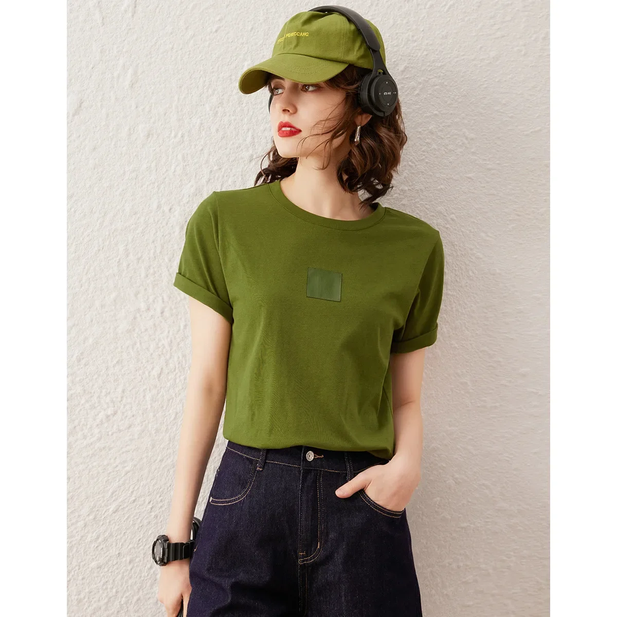 LOUIS YAO Women T-shirt PU Embossing 100% Cotton 2024 Summer Tee O Neck Short Sleeve Casual Basic Thin Pullover Top