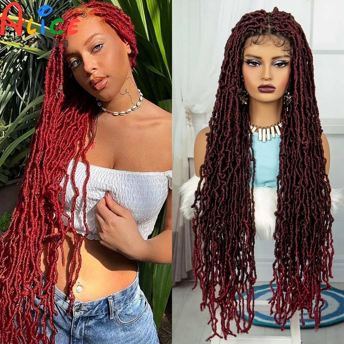 

Burgundy Faux Locs Braided Wigs SyntheticFull Lace Curly Crochet Braids Wig for Black Women Knotless Box Lace Frontal Twist Wigs