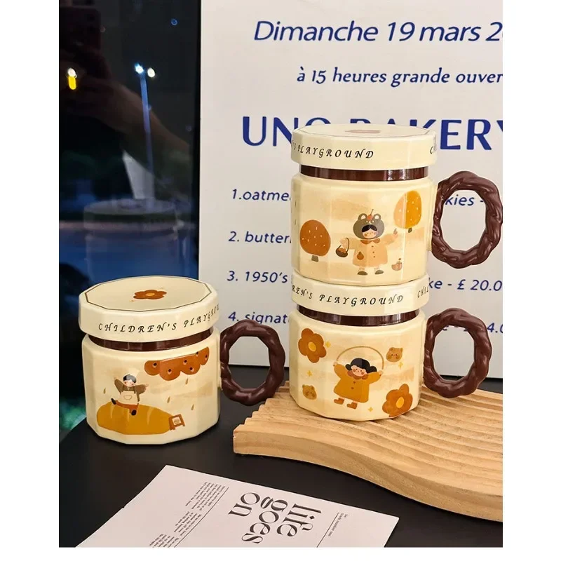 Maillard Cartoon Ceramic Mug with Lid Cute Couple Retro Men Women Mug Cup Home Breakfast Milk Cup Office Coffee Cups Gifts