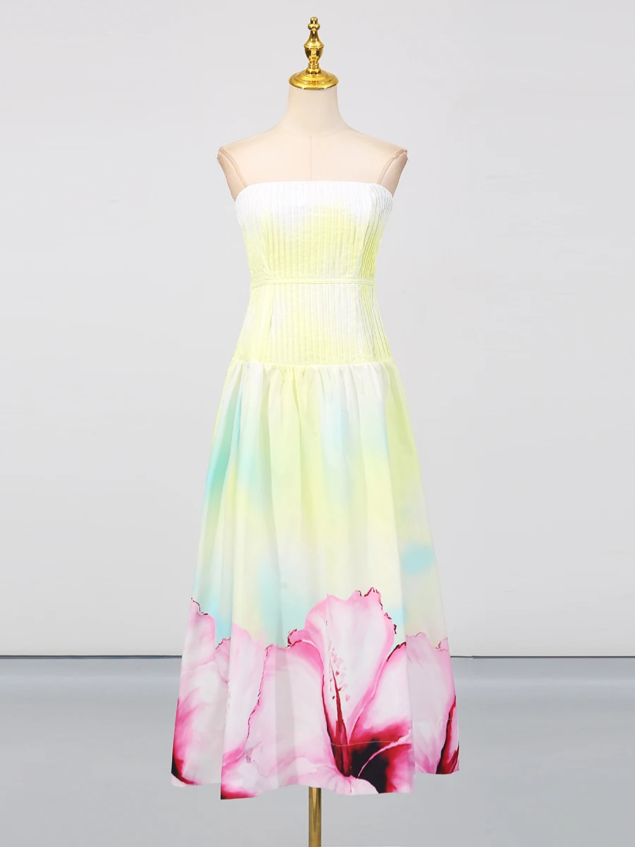 VGH Stampa a colori sfumati Abiti sexy per le donne Senza spalline Senza maniche Vita alta Patchowrk Pieghe Abito da ballo Donna Estate Nuovo