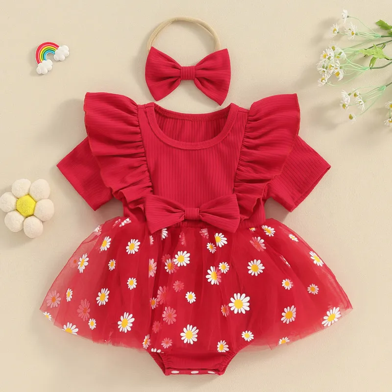 Baby Girl Bodysuit 2 Piece Outfits Daisy Print Ribbed Short Sleeve Mesh Romper Dress with Cute Headband Set Summer Clothes