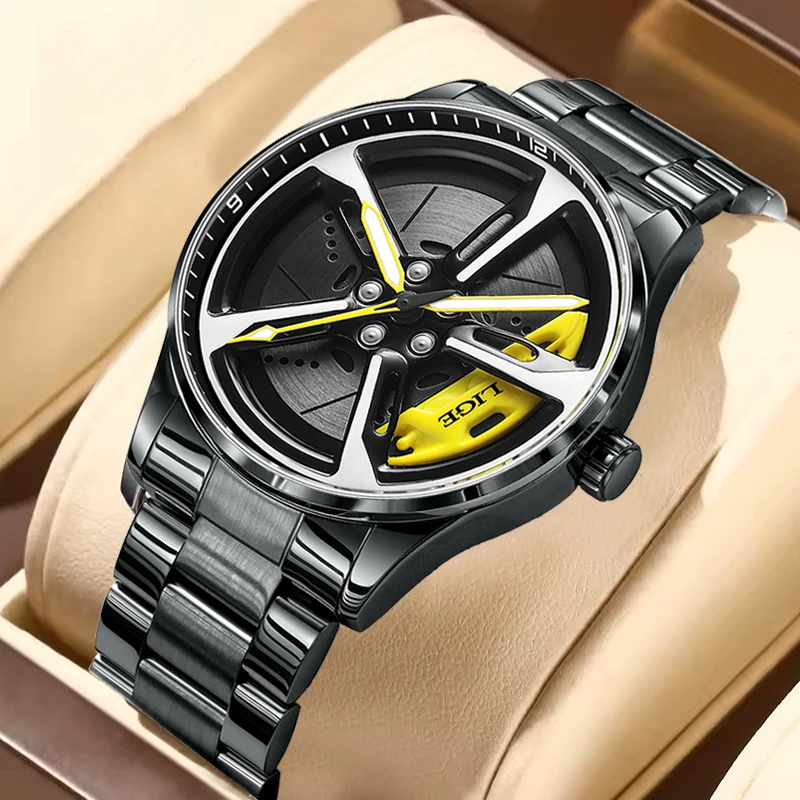 LIGE New Mens Watches Waterproof Rotary Sport Car Rim Man Luxury Watch Fashion Stainless Steel Quartz Chronograph Man Wristwatch