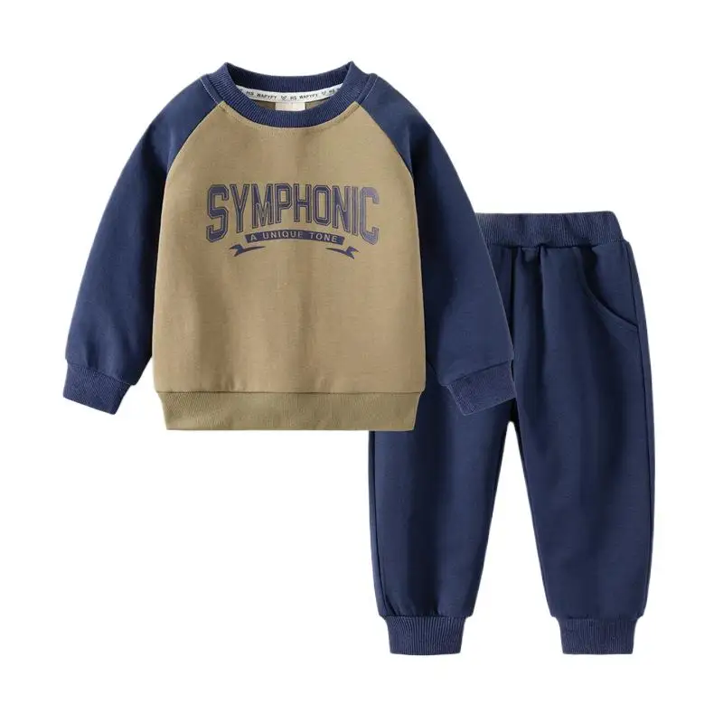 Spring Autumn Baby Boy 2PCS Clothes Set Cotton Letter Printed Double-sided Fabric Kid Boy Sweatshirt Tracksuit Solid Pant Outfit