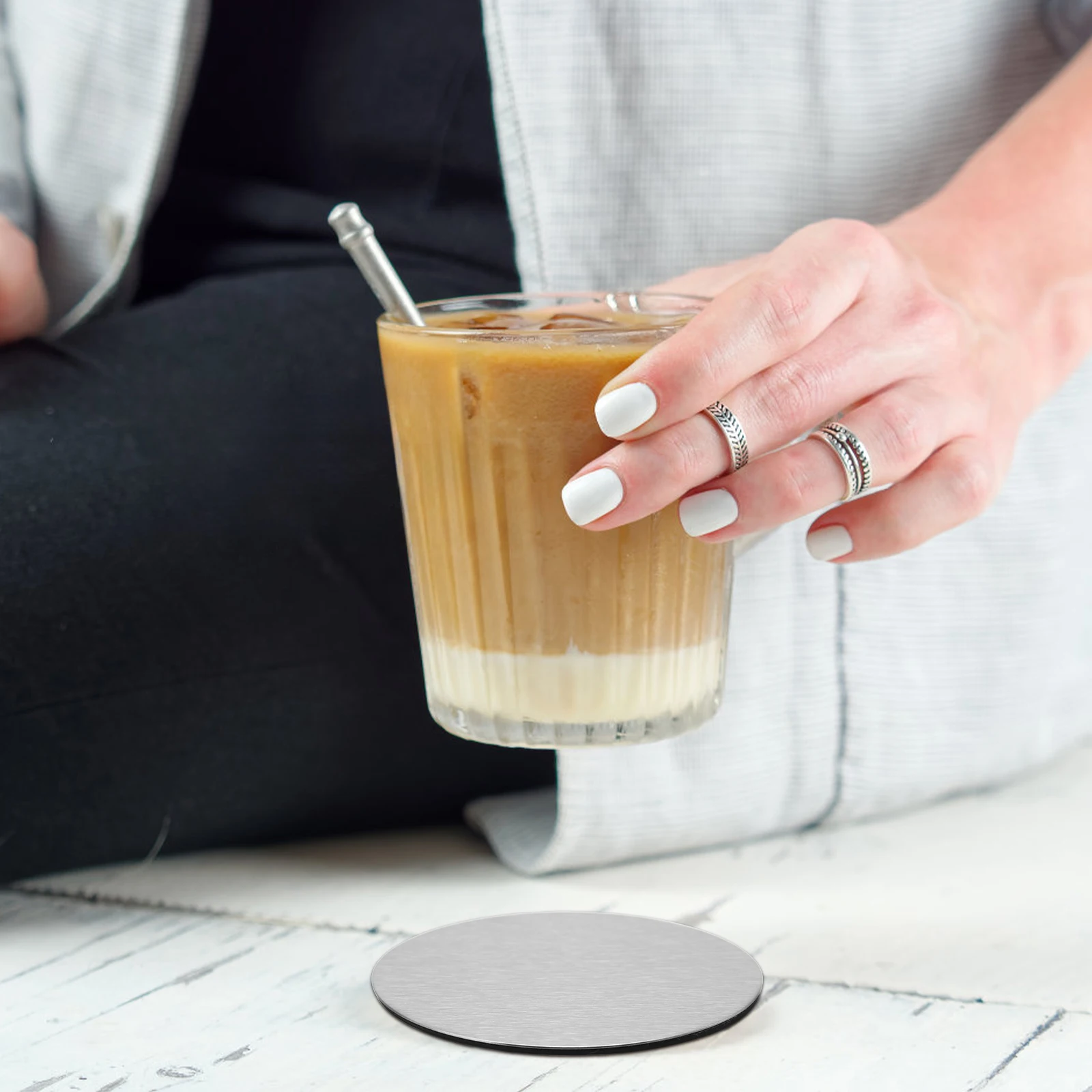 

6 Pcs Stainless Steel Round Coaster Set Non Slip EVA Bottom Cup Mats Table Placemats With Holder Heat Resistant Kitchen