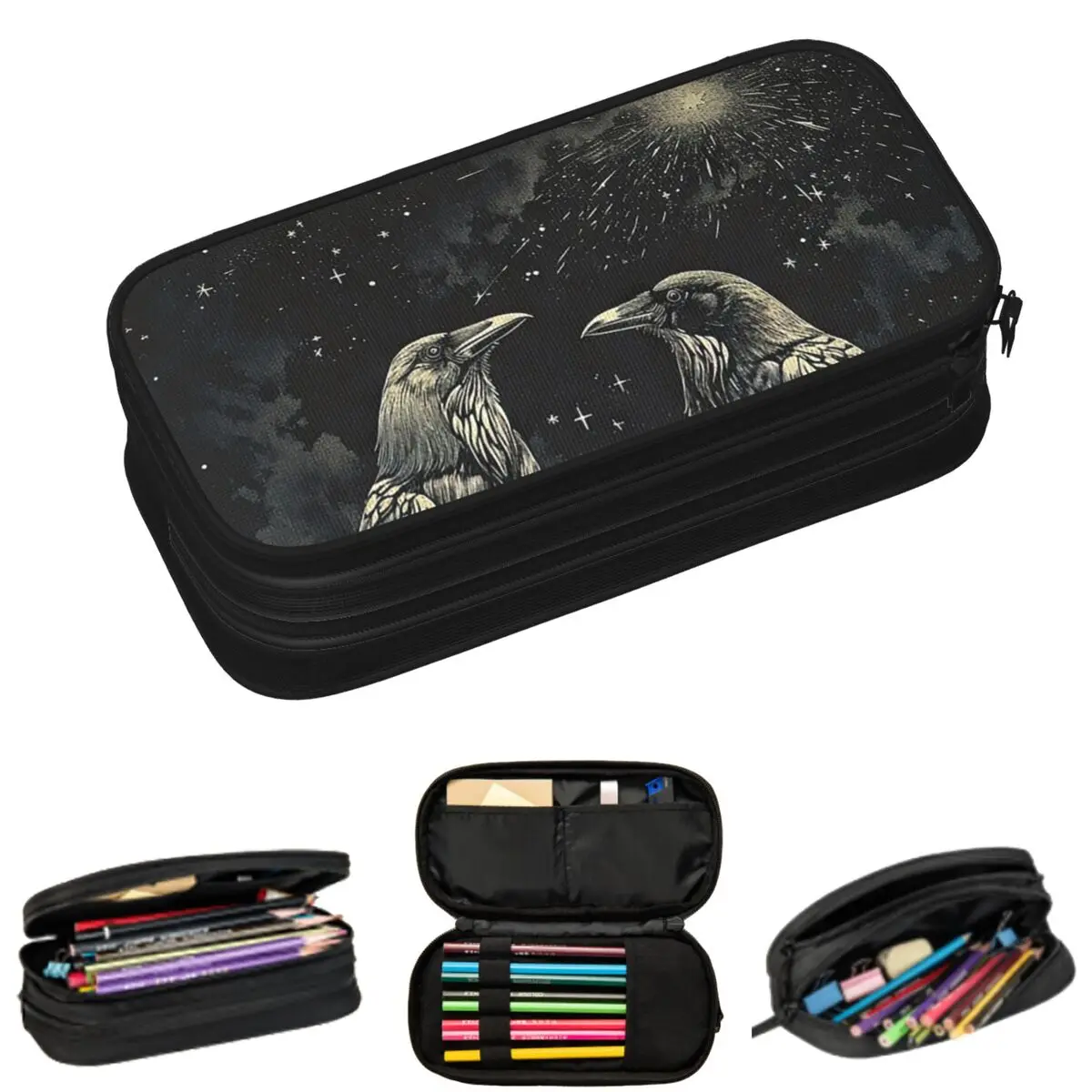 

Crows Under Full Moon Pencil Cases for Student School Pen Box Pencil Bag Large Storage Pencil Pouch