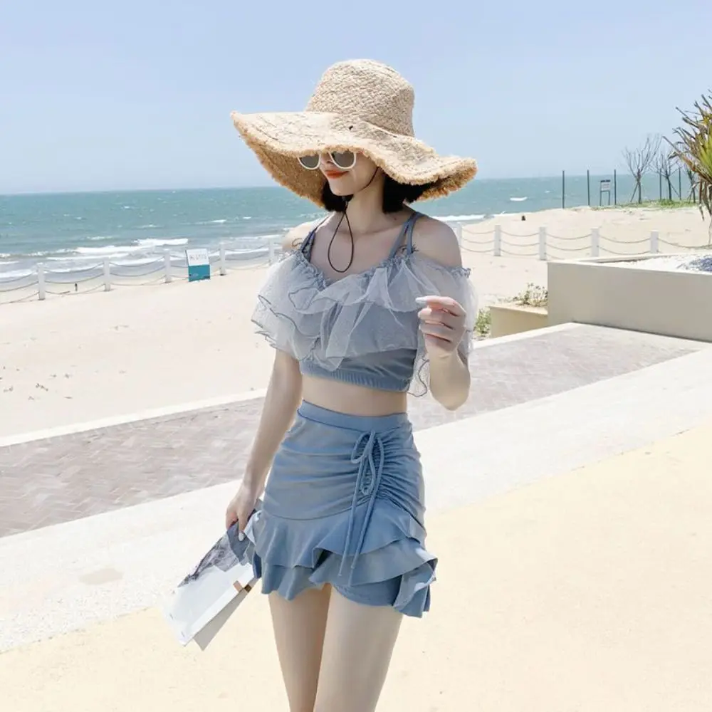 Traje de baño ajustado con falda acampanada, ropa de playa con hombros descubiertos, traje de baño con volantes de encaje, conjunto de dos piezas con volantes abombados, traje de baño para nadar