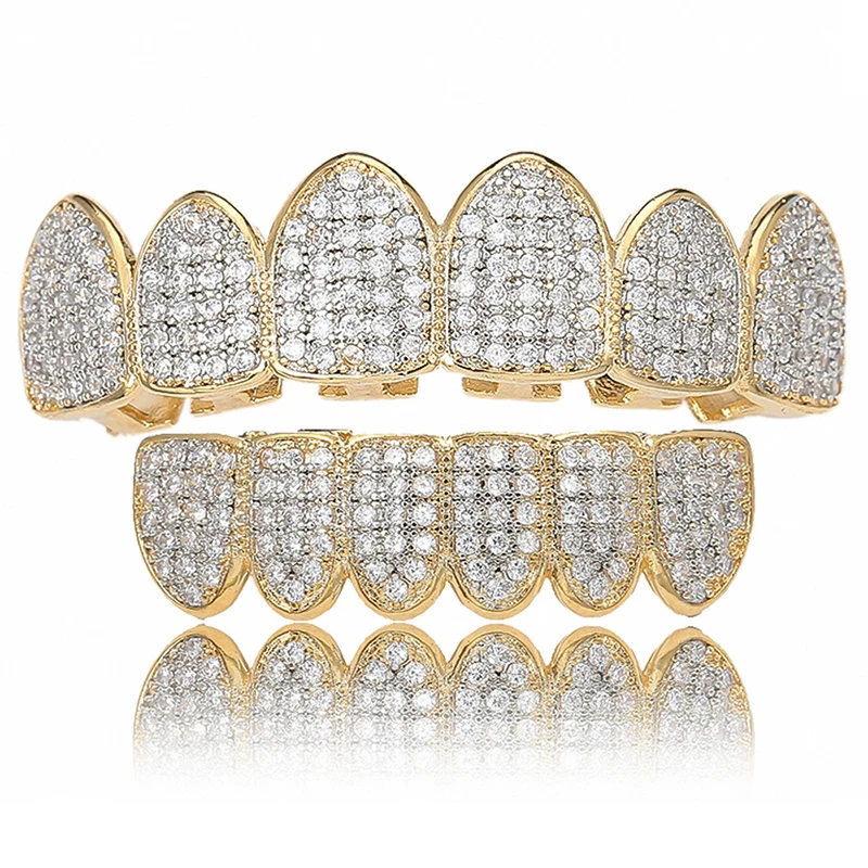 

Hip Hop Micro Pave CZ Zircon Bling Iced Out Top Bottom Teeth Grillz Gold Silver Color Halloween Men Rapper Jewelry