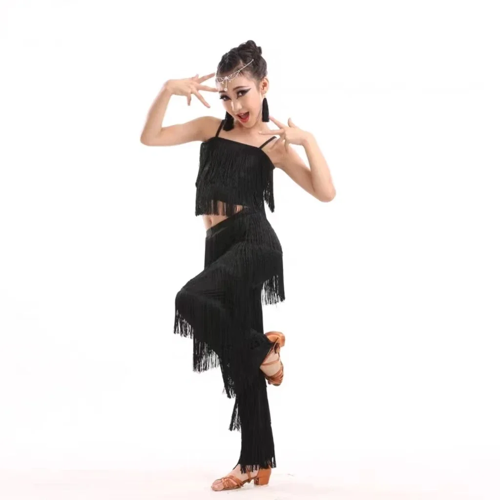 1set/lot Latin Dance set Ballroom Plus Size Fringe Tassel Pants and top solid Fringe Latin dancing Costumes 4 Color