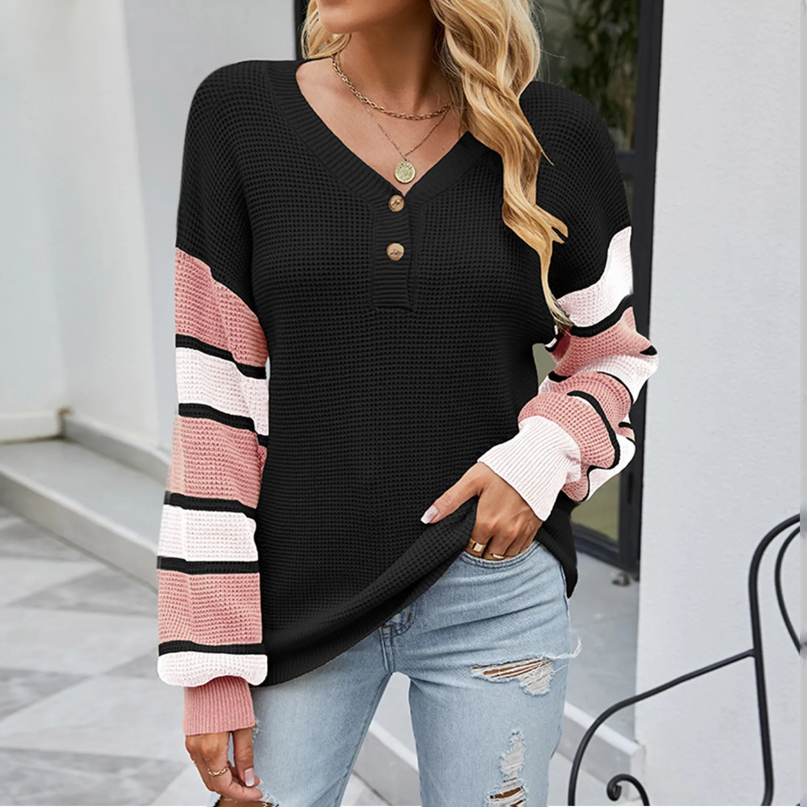 

Casual Pullover Women Fashion Long Sleeve V Neck Button Stripe Colorblock Balloon Sleeve Top Knit Sweater Women Jumper Tops