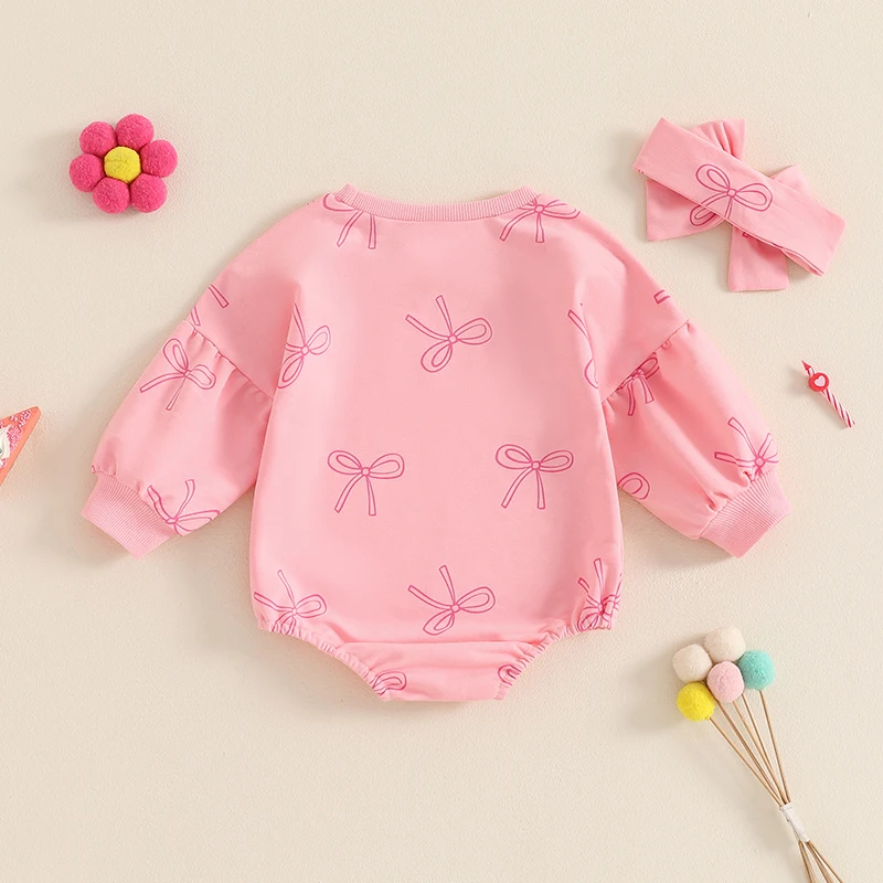 Infant Baby Girls Puff Sleeve Crew Neck Bow Print Romper Playsuit Jumpsuit Headband Newborn Spring Autumn Clothes