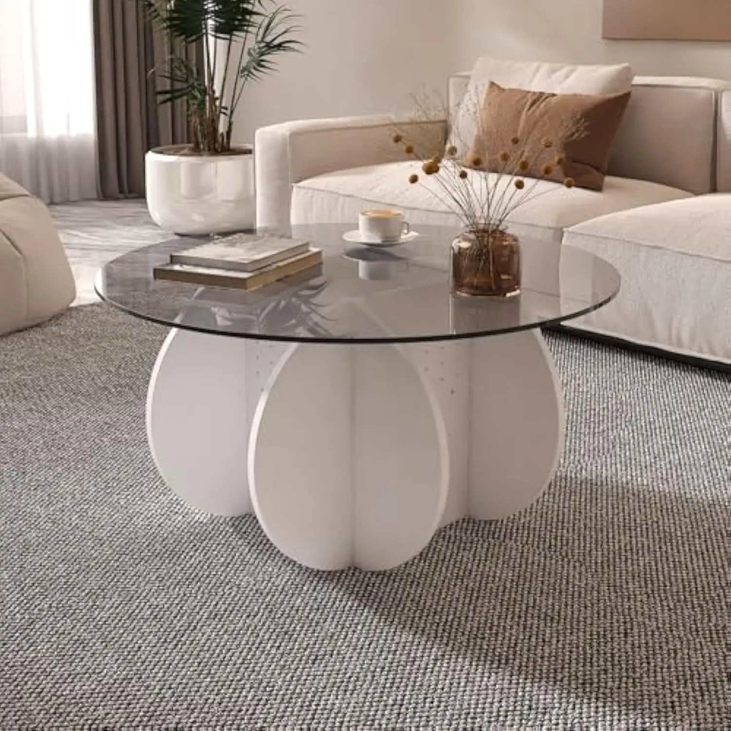 

Round Coffee Table with Glass Top,Center Table with Storage for Living Room,Small Spaces, Office, and Lounge,32 White and Grey