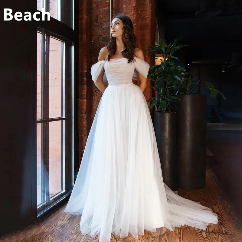 

Graceful Strapless A-Line Wedding Dresses Off the Shoulder Sleeveless Sweep Train Bridal Gowns Vestidos De Novia