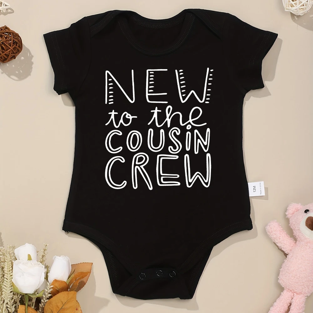 

Cotton Summer Breathable Baby Girl Clothes “New To The Cousin Crew” Print Beautiful Newborn Boy Bodysuit Black Crew Neck Rompers