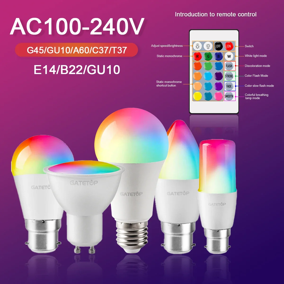 

Smart Color Changing RGBW LED Light Bulb with Infrared Remote Control, Spotlight GU10 A60 C37 G45 6W 10W for Home Party Ambiance