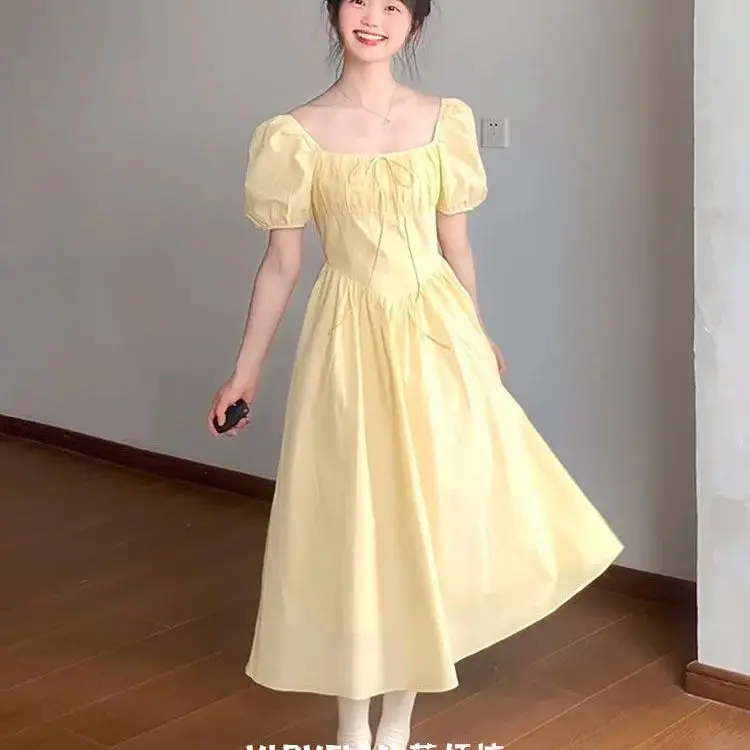 2024 New Y2k Summer Fold Yellow Dress French Puff Sleeve Dresses Slim Dress Women's Long Dresses Solid Casual Fashion Clothes