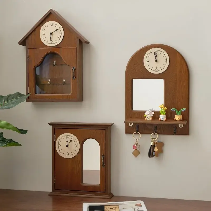 Creative Wooden Wall-Mounted Shelf with Clock and Mirror Entryway Hanging Organizer Wall Storage Rack with Key Hooks for Home