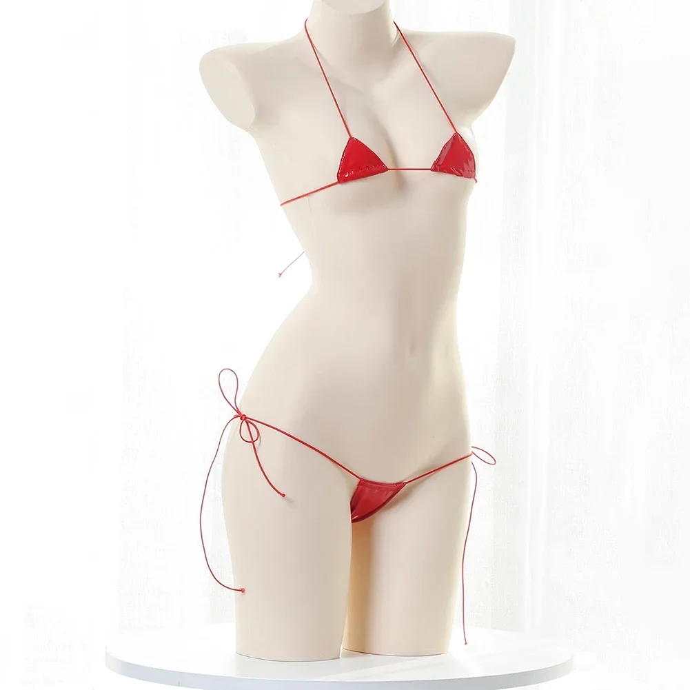 

Women's Sexy Lingerie Bikinis Set Bras G-strings Wet Look Patent Leather Halter Lace-up Swimwear Female Two Piece Set