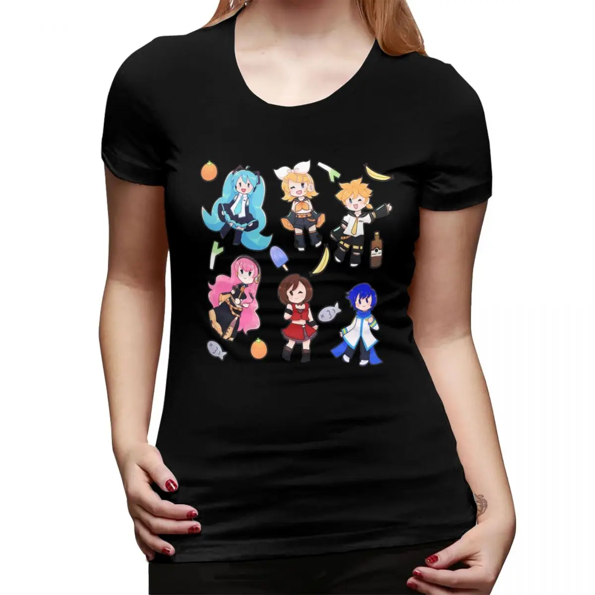 ボーカロイドちびカオス！-ミク-tシャツ-女性用-クルーネック-ストリートウェア-tシャツ-レディース-tシャツ-ショートサマーウェア-トップス