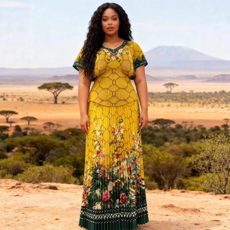 

Africa New Printed Plus Size Suit Miyake Pleated Fashion Bat Sleeve Short Sleeve Top Pleated Stretchy Half Skirt 2 Piece Set
