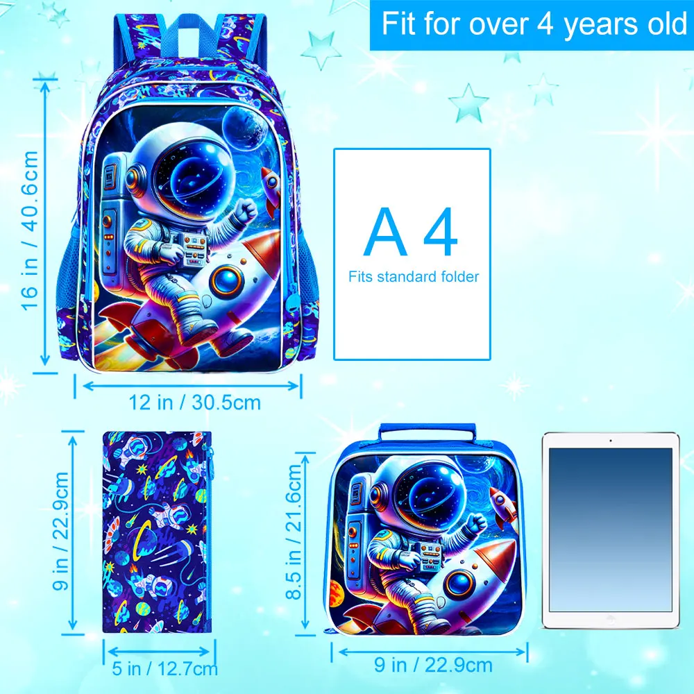 3 قطع حقائب ظهر للأولاد، حقيبة كتب للأطفال مقاس 16 بوصة مقاومة للماء للأولاد، حقيبة ظهر خفيفة الوزن مع صندوق غداء - صاروخ رواد الفضاء #2