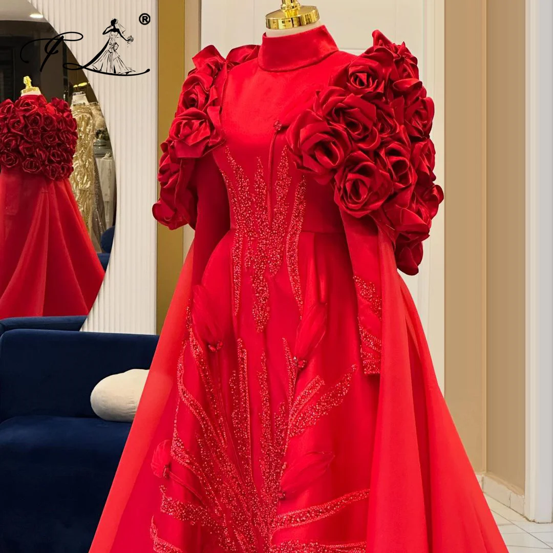 Red A-Line Satin Evening Party Dresses 2025 Muslim Wedding Party Dress with Flowers Full Sleeved Arabic Gowns Customized