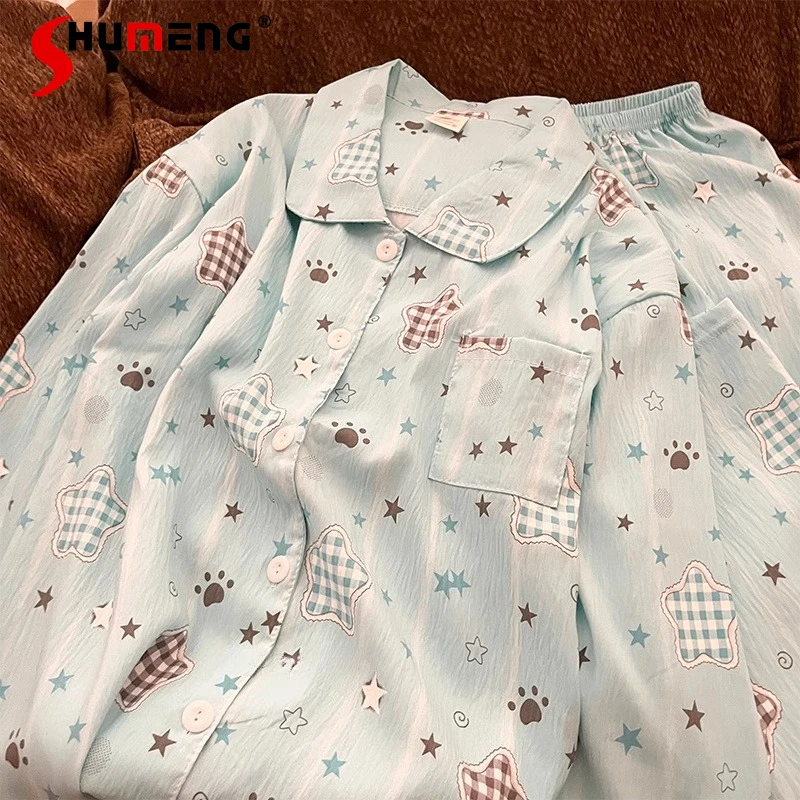 

Женские пижамы в корейском стиле, весенне-осенний хлопковый комплект одежды для сна с длинными рукавами, женские домашние костюмы с японским звездным принтом