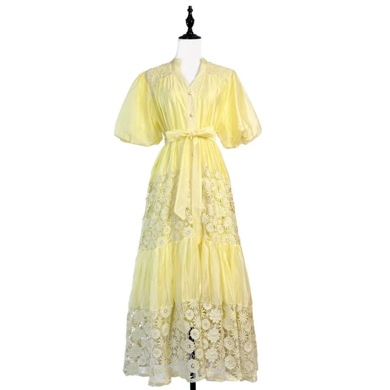 Ele cor pura longo dr com renda oco flor cintura cinching cinto bolha sve texturizado sensação tribunal sle dr