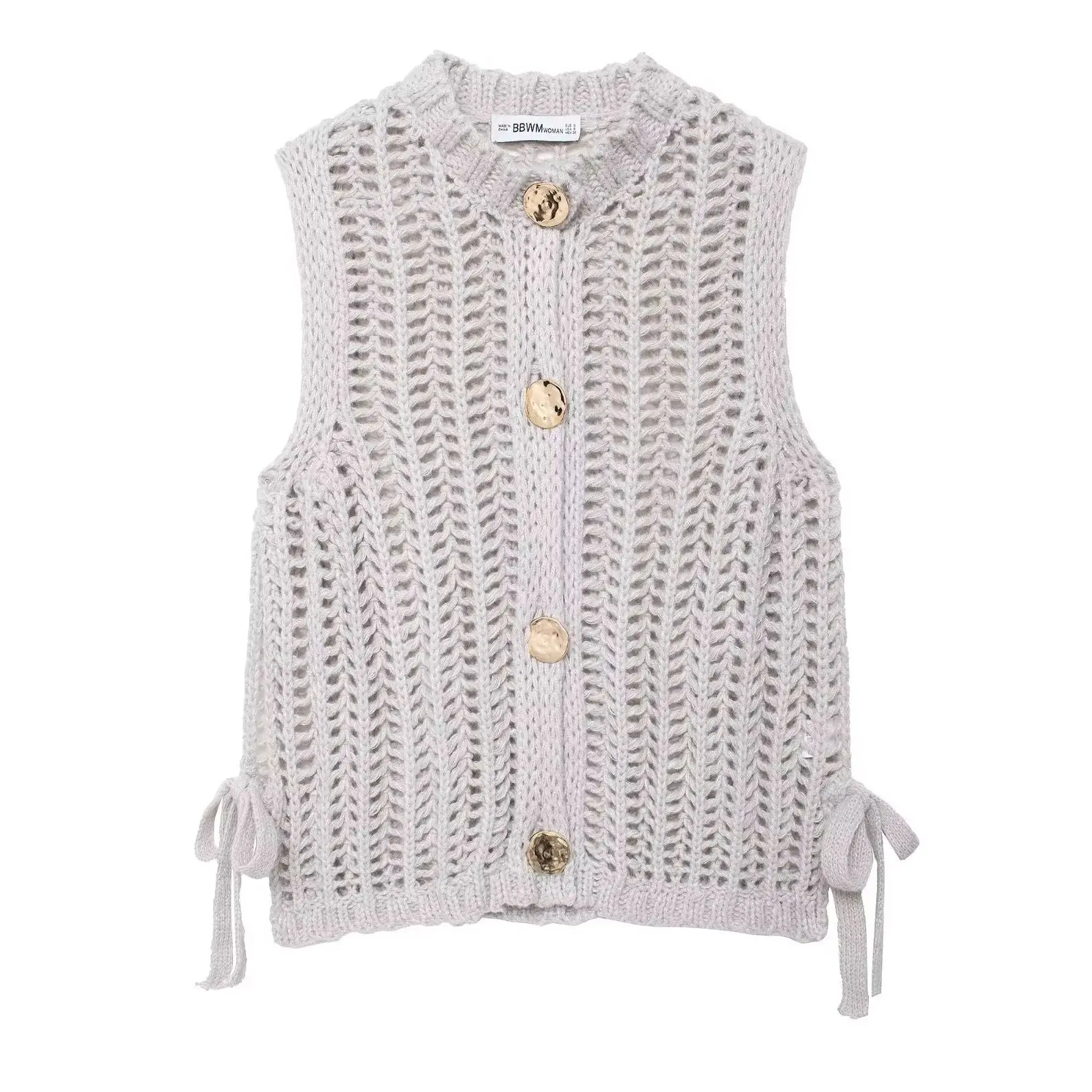 KONDALA Chic Summer Knit Woman Casual Button Sleeveless O-Neck Hollow Out Sweater Fashion 2025 Elegant Lace-up Muer Vest