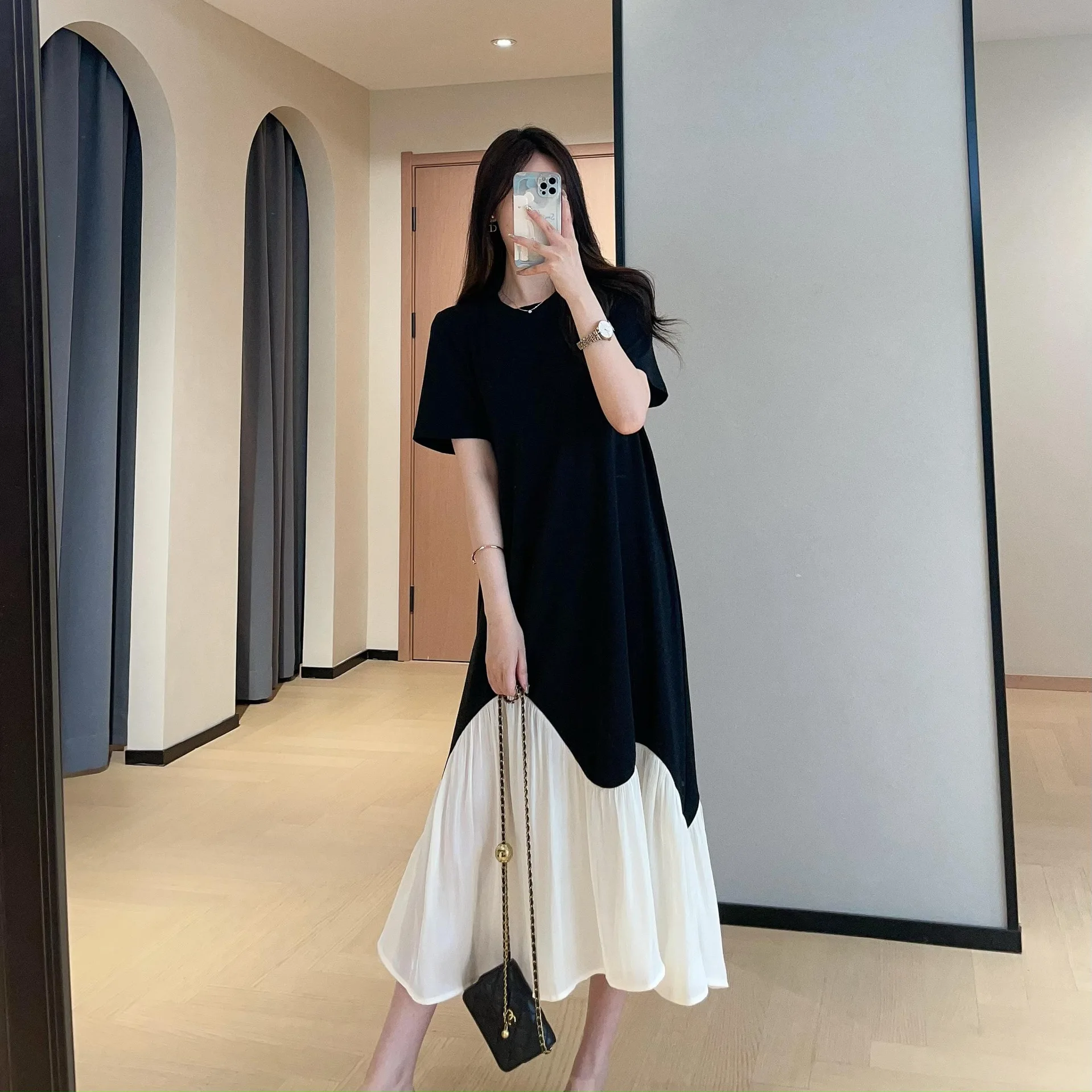 2025年夏 レディース向け ジャイアントスリム カジュアルTシャツスカート ミディアム丈 イレギュラーヘム フィッシュテールワンピース