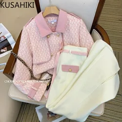 KUSAHIKI 2023 Spring New Fashion Elegant Two Pieces Sets Turn-down Collar Double Breasted Women Coat + High Waist Long Pants