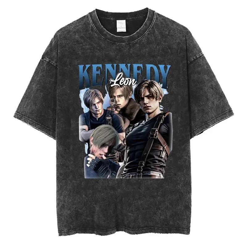 Limited Leon S Kennedy Resident Evil FANGIRL Washed Tee Shirt 90s Classic Vintage Movie T-shirt Men Fashion Cool Harajuku Tshirt