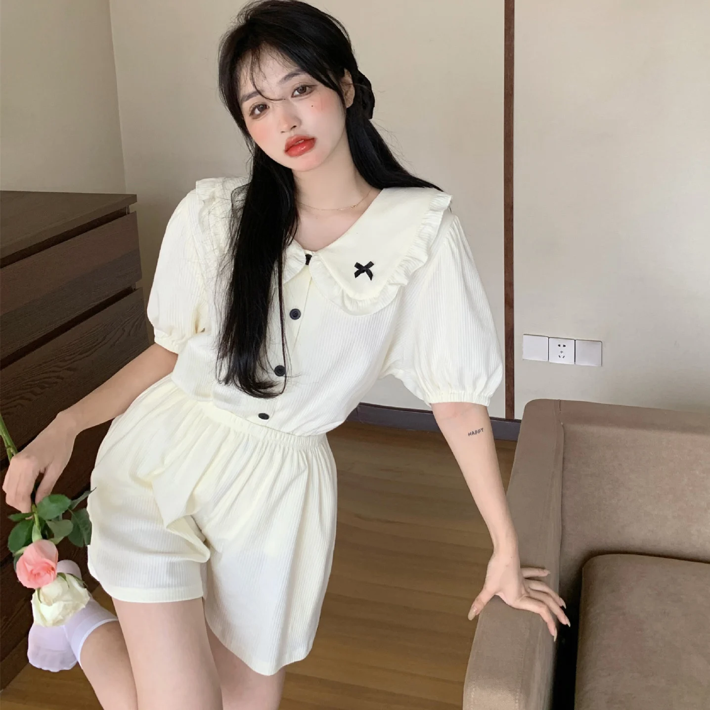 

Пижамные комплекты, женские кавайные пижамы с милым бантом, девичьи летние однобортные пижамы с короткими рукавами для отдыха, шорты, корейская мода