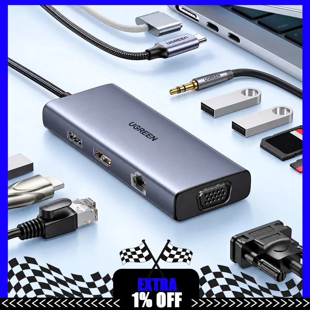 UGREEN 50611 9-in-1 USB-C Hub, 4K 60Hz HDMI, 1080p VGA, Gigabit Ethernet, 2 USB 3.0, USB 2.0, SD/TF Reader, 3.5mm Audio
