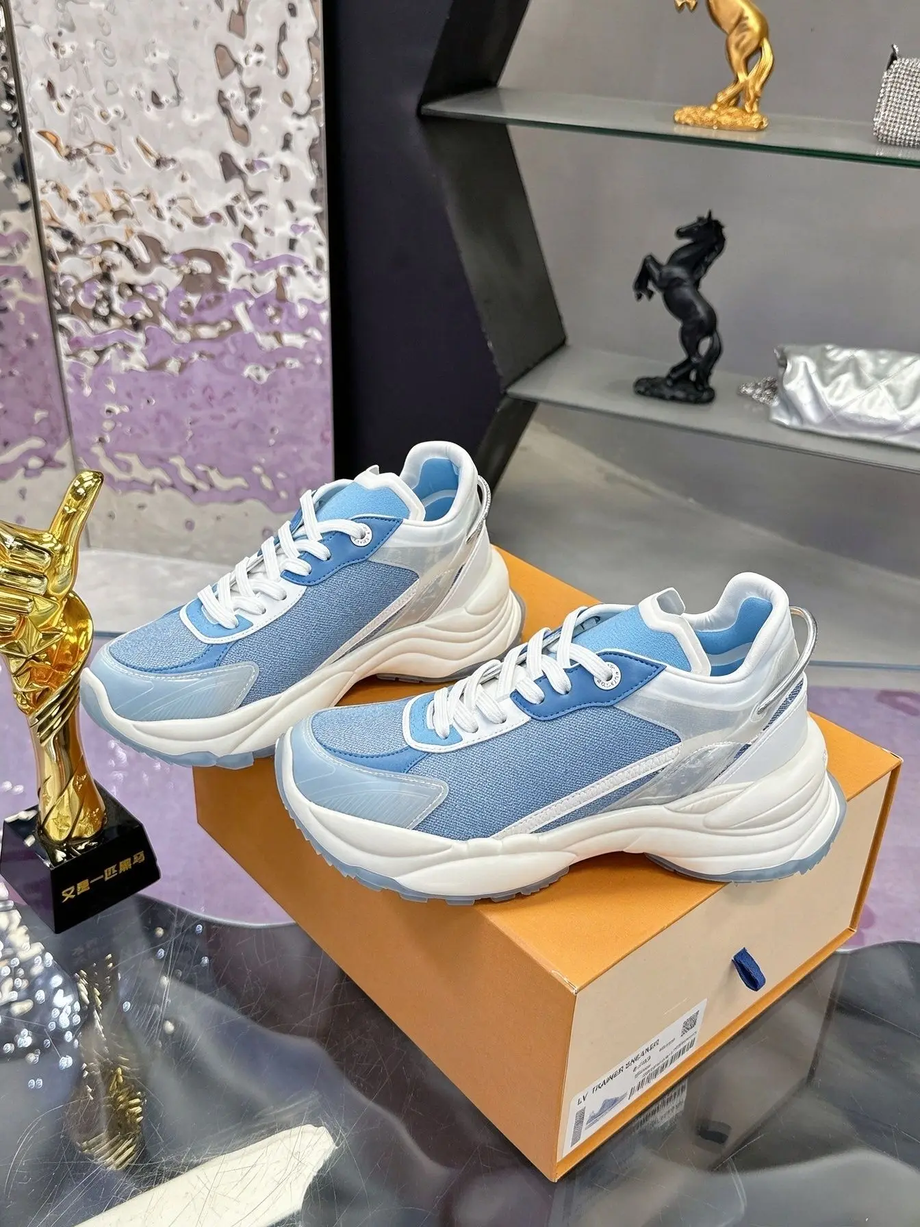 Women Blue White Color Block Chunky Sneakers Breathable Mesh Leather Splicing Streamlined Thick Platform Sole Lace Up Height Increasing Street Dad Shoes